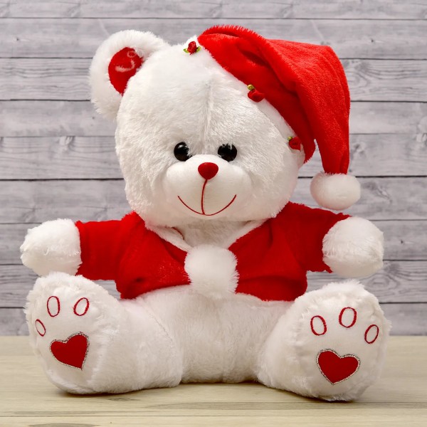 White 15 Inch Christmas Teddy Bear with Santa Jacket and Santa Cap